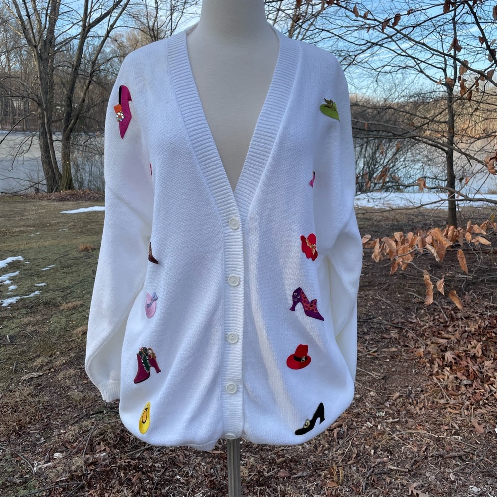 Women's White Cardigan with Colorful Shoes and Hats Accents